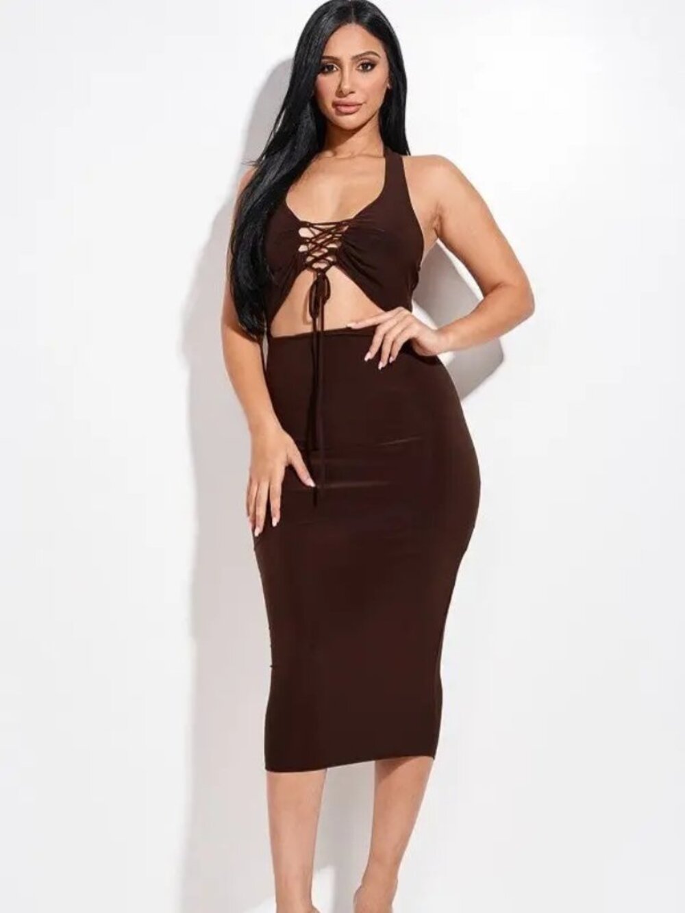 Solid Halter Neck Midi Dress With Criss Cross Front And Cutout